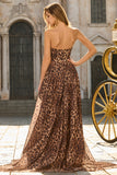 Strapless Corset A Line Brown Leopard Print Prom Dress With Slit