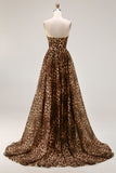 Strapless A Line Brown Leopard Corset Prom Dress