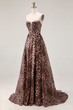 Strapless A Line Brown Leopard Corset Prom Dress