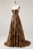 Strapless A Line Brown Leopard Corset Prom Dress
