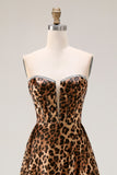 Strapless A Line Brown Leopard Corset Prom Dress