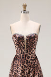 Strapless A Line Brown Leopard Corset Prom Dress