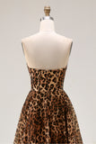 Strapless A Line Brown Leopard Corset Prom Dress
