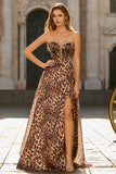 Strapless Corset A Line Brown Leopard Print Prom Dress With Slit