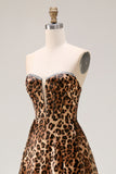 Strapless A Line Brown Leopard Corset Prom Dress