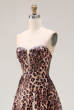 Strapless A Line Brown Leopard Corset Prom Dress