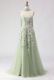 Dusty Sage Strapless A Line Embroidered Prom Dress