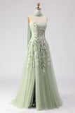 Dusty Sage Strapless A Line Embroidered Prom Dress