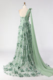 One Shoulder A Line Eucalyptus Prom Dress with Appliques