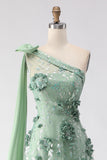 One Shoulder A Line Eucalyptus Prom Dress with Appliques
