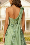 One Shoulder A Line Eucalyptus Prom Dress with Appliques