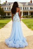 Strapless A Line Ruffled Sky Blue Prom Dress with Appliques