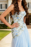 Strapless A Line Ruffled Sky Blue Prom Dress with Appliques