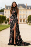 Black Floral A Line Cut Out Prom Dress with Slit