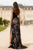 Black Floral A Line Cut Out Prom Dress with Slit