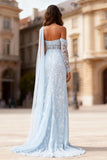 One Shoulder Sheath Sky Blue Prom Dress with Lace