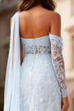 One Shoulder Sheath Sky Blue Prom Dress with Lace