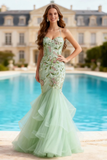 Mermaid Halter Dusty Sage Appliqued Prom Dress