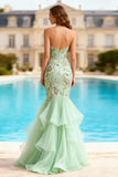 Mermaid Halter Dusty Sage Appliqued Prom Dress