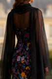 Long Sleeve Halter Mermiad Black Floral Prom Dress with Cape