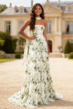 Dusty Sage Floral Strapless A Line Prom Dress