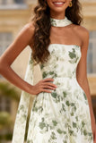 Dusty Sage Floral Strapless A Line Prom Dress