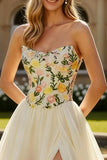 Strapless A Line Champagne Embroidered Prom Dress with Slit