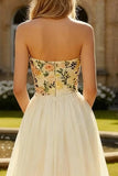 Strapless A Line Champagne Embroidered Prom Dress with Slit