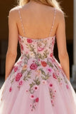 Pink Spaghetti Straps Embroidered A Line Prom Dress