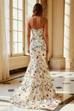 Mermaid Strapless White Floral Prom Dress
