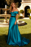 Peacock Blue Off the Shoulder A Line Satin Formal Dress