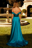 Peacock Blue Off the Shoulder A Line Satin Formal Dress
