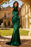 Dark Green Halter Mermaid Satin Formal Dress