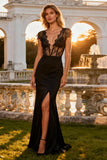 Mermaid V Neck Black Tie Dress with Lace