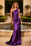 One Shoulder Purple Mermaid Satin Formal Dress