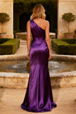 One Shoulder Purple Mermaid Satin Formal Dress