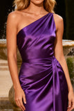 One Shoulder Purple Mermaid Satin Formal Dress