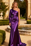 Long Sleeve Purple Mermaid Satin Evening Dress with Cape