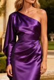 Long Sleeve Purple Mermaid Satin Evening Dress with Cape