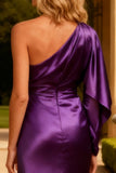 Long Sleeve Purple Mermaid Satin Evening Dress with Cape