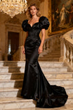 Mermaid Puff Sleeve Satin Black Tie Dress