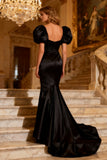 Mermaid Puff Sleeve Satin Black Tie Dress
