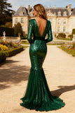 Sparkly Long Sleeve V Neck Mermaid Dark Green Evening Dress