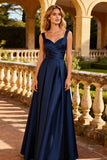Navy A Line Spaghetti Straps Formal Dress