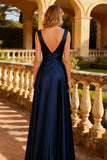 Navy A Line Spaghetti Straps Formal Dress