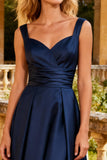 Navy A Line Spaghetti Straps Formal Dress