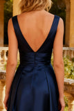 Navy A Line Spaghetti Straps Formal Dress