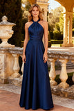 Halter Navy A Line Cut Out Formal Dress