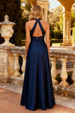 Halter Navy A Line Cut Out Formal Dress