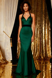 Dark Green Halter Mermaid Bowed Evening Dress with Sash
